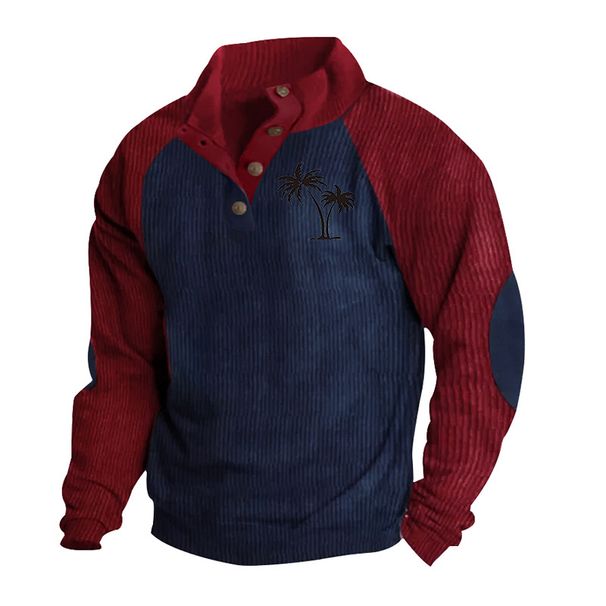 2024 Autumn Winter European Size Men's Raglan Sleeve Casual Printed Stand Collar Loose Corduroy Color Block Sweatshirt_viptrois.com