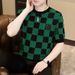 High End European Knitted Short Sleeved Men's 2025 Summer New Style Checkered Printed Hot Diamond Ice Silk T-shirt Round_viptrois.com