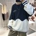 Color Blocked Round Neck Sweater Men's Striped Men's Thread Jacket Loose Knit Sweater_viptrois.com