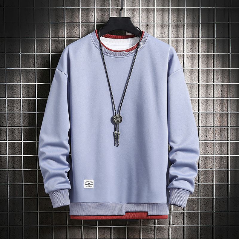 Men's Fleece-Lined Pullover Sweatshirt Winter Casual Streetwear Loose Fit Round Neck Layering Tee With Patch Detail_viptrois.com