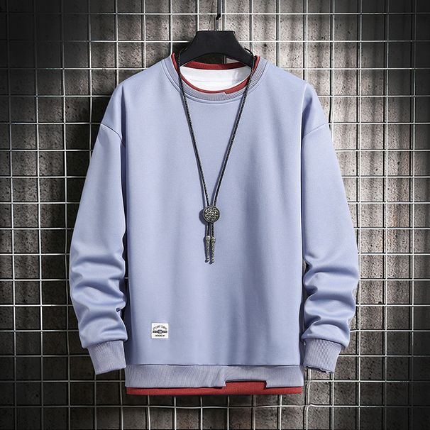 Men's Fleece-Lined Pullover Sweatshirt Winter Casual Streetwear Loose Fit Round Neck Layering Tee With Patch Detail_viptrois.com