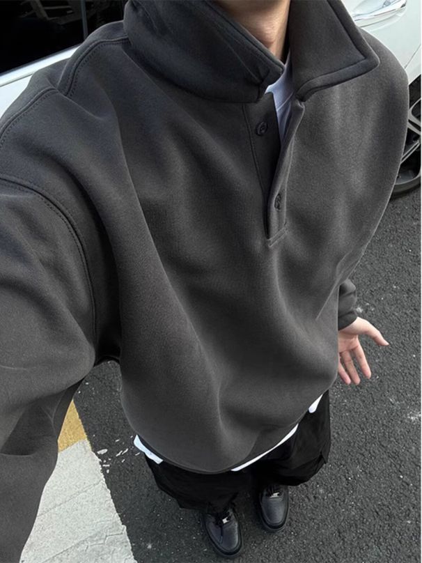 Dark Gray Polo Sweatshirt For Men, Spring And Autumn Style, High-End Feel, Long Sleeve Base Shirt, American Style_viptrois.com