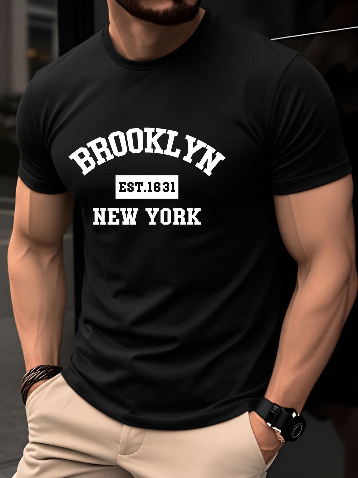 Maglietta Uomo 180g Cotone Puro Girocollo Stampa Brooklyn EST.1631 New York, Versatile Leggera Strato Base Estivo Casual_viptrois.com