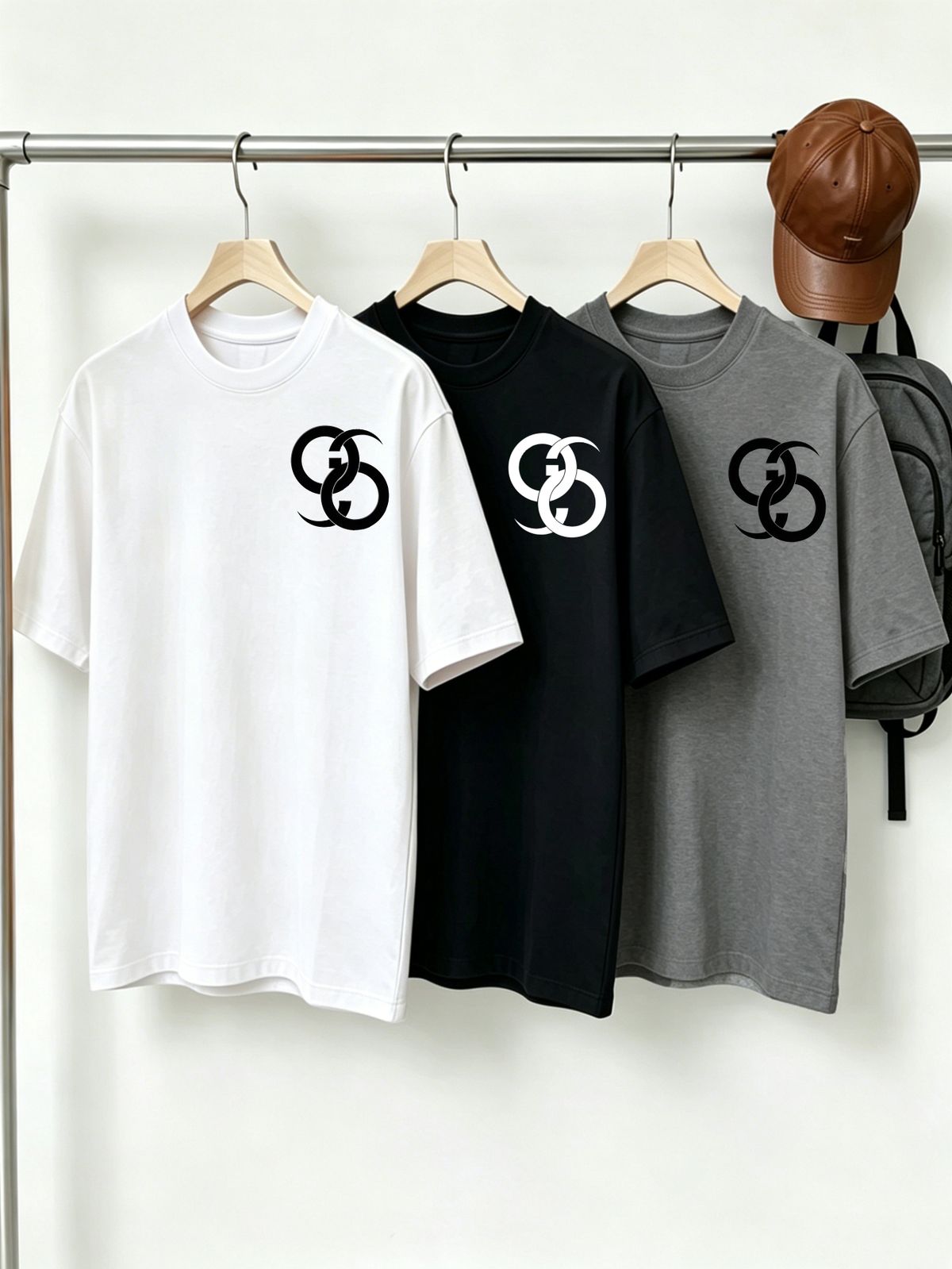 100% Cotton Men's 3-Pack T-shirts Interlocking Double C Geometric Monogram Print Crew Neck Short Sleeve Casual Tops In Black White Gray_viptrois.com