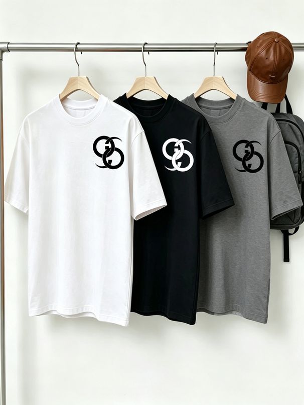 100% Cotton Men's 3-Pack T-shirts Interlocking Double C Geometric Monogram Print Crew Neck Short Sleeve Casual Tops In Black White Gray_viptrois.com