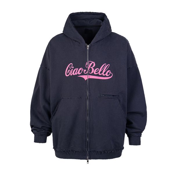 Letter Print Distressed Hooded Cardigan Sweatshirt Men, Loose Fit American High Street Style With Double Zipper,_viptrois.com