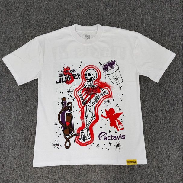 Skull Angel Spider Graffiti Print Short Sleeve T-shirt Men Loose Crew Neck Cotton Vintage Streetwear Casual Tee_viptrois.com