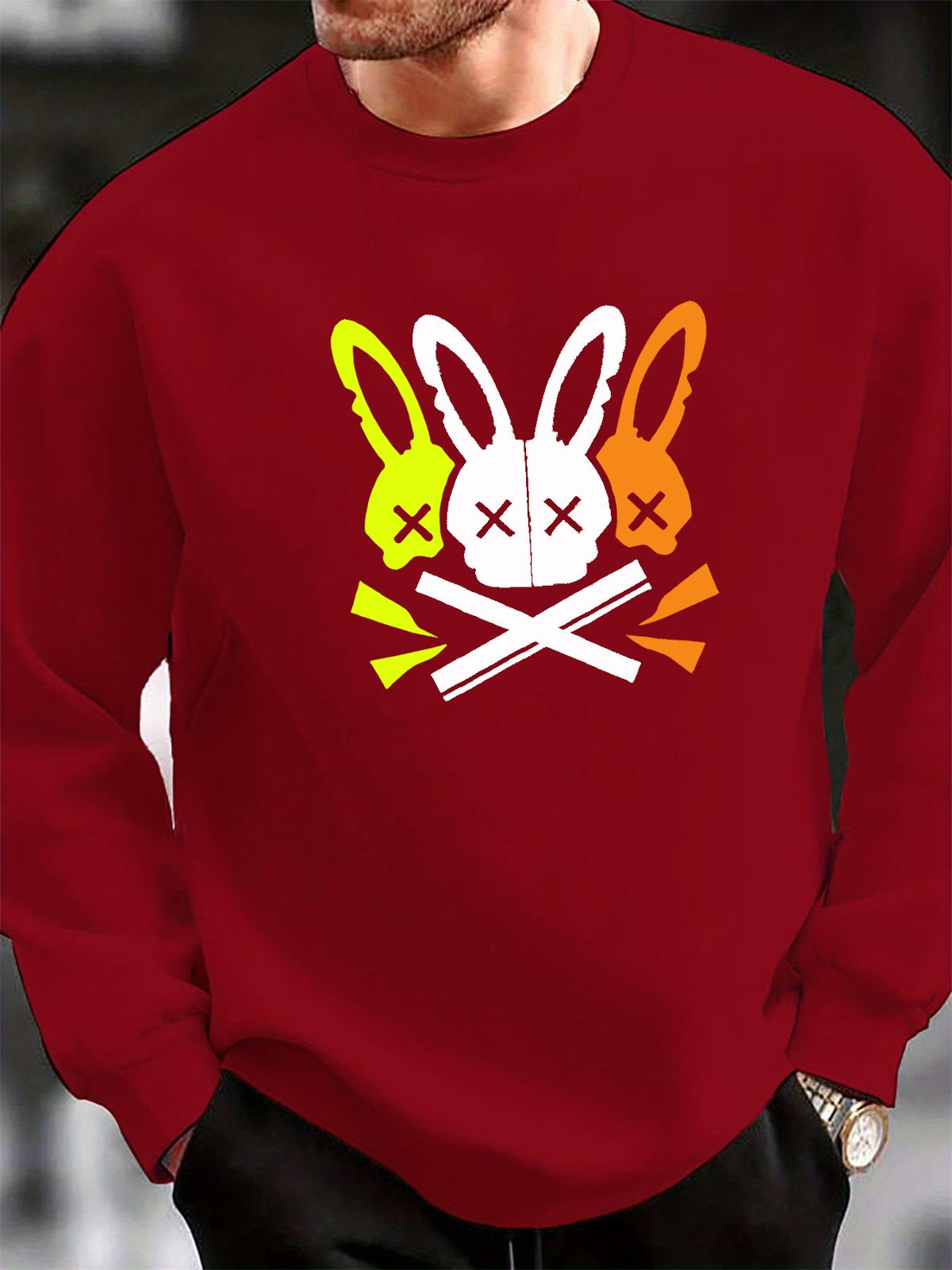 Men's Loose Casual Fashionable Skull Rabbit Pattern Printed Round Neck Long Sleeved Pullover Hoodie For Autumn And Winter_viptrois.com