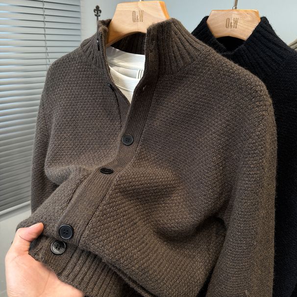 Men’s Mock Neck Knit Cardigan – Thickened Casual Pullover With Pockets (M-XXXL, Off-White/Grey/Black/Brown)_viptrois.com