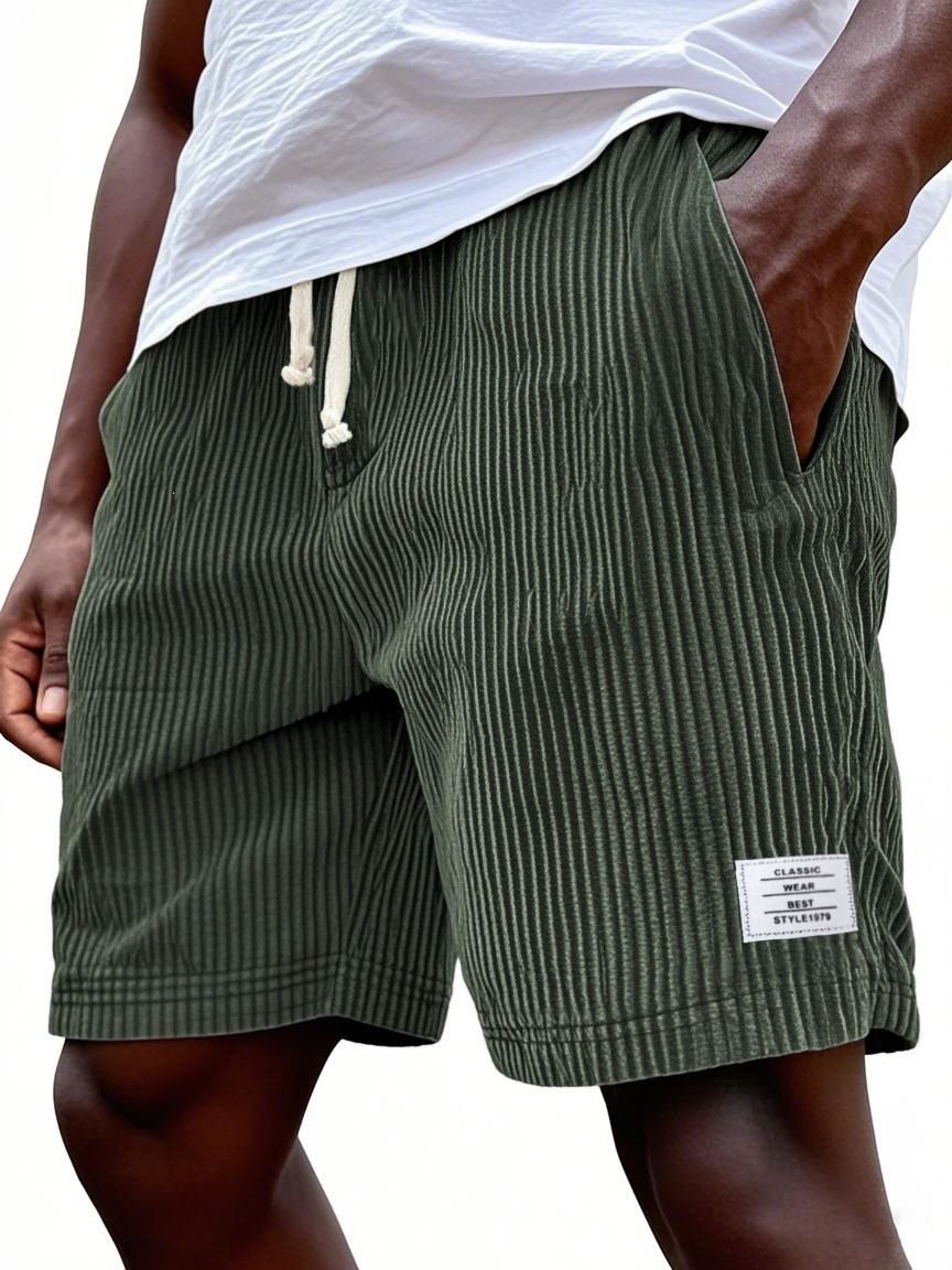 Men's Corduroy 5-Pocket Shorts - Wide Wale Casual Streetwear Knee-Length Shorts With Adjustable Waist For Urban Style & Outdoor Activities_viptrois.com