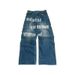 Men Faded Black Baggy Wide Leg Denim Pants, Full Front Text Print Streetwear Loose Casual Jeans_viptrois.com