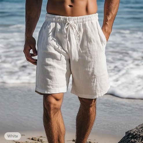 Men's Cotton Linen Shorts With Drawstring Elastic Waist Straight Leg Solid Color Breathable Casual Beach Five Point Shorts_viptrois.com