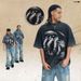 American High Street Printed Short-sleeve T-shirt For Men, Summer Loose Fit, Washed And Distressed, Round Neck_viptrois.com