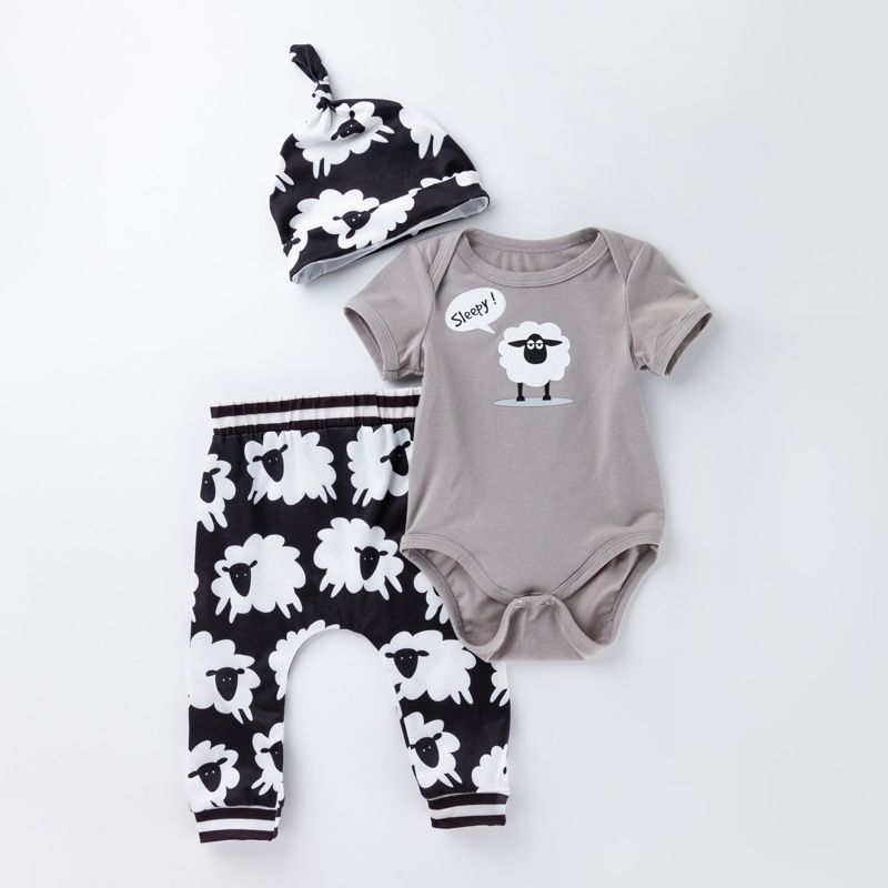 Baby clothes male toddler suit baby cartoon pajamas pants hat set baby pajamas three-piece suit_viptrois.com