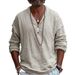 Men's Black Cotton Linen Henley Collar T-Shirt Long Sleeved Loose Fit Breathable Versatile Vacation Style Top New_viptrois.com