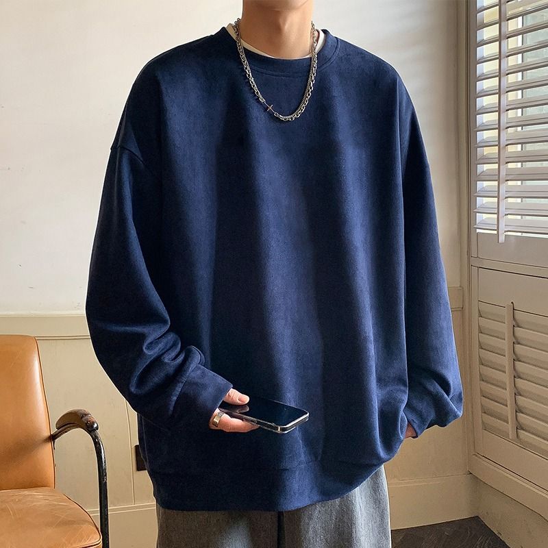 Suede Hoodie Men's Autumn Loose Top Shirt Men's Round Neck Long Sleeved Base Shirt_viptrois.com