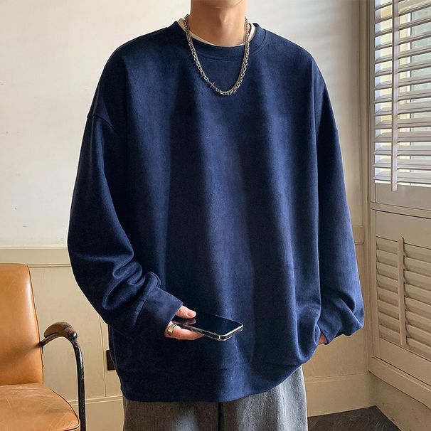 Suede Hoodie Men's Autumn Loose Top Shirt Men's Round Neck Long Sleeved Base Shirt_viptrois.com