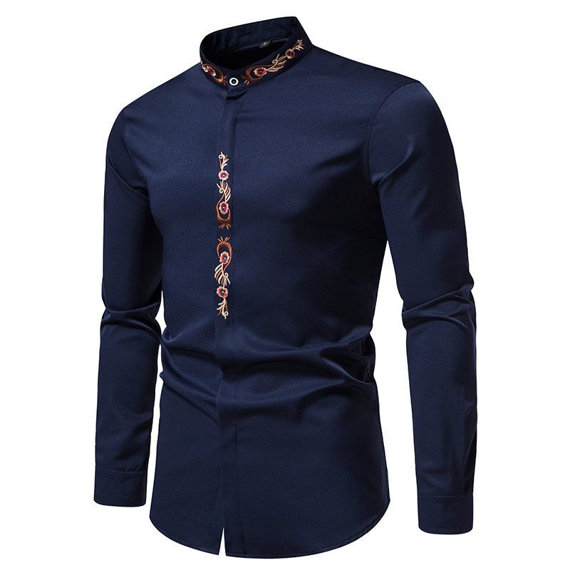Men's Embroidered Casual Shirt – Long Sleeve Stand Collar Button-Up Shirt | Breathable Cotton Blend For Spring & Fall_viptrois.com