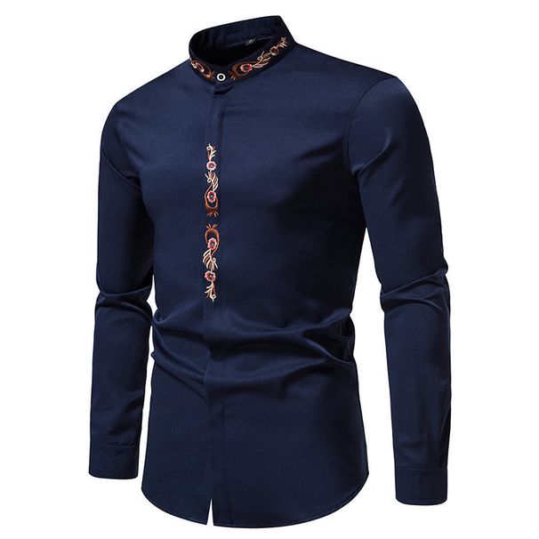 Men's Embroidered Casual Shirt – Long Sleeve Stand Collar Button-Up Shirt | Breathable Cotton Blend For Spring & Fall_viptrois.com