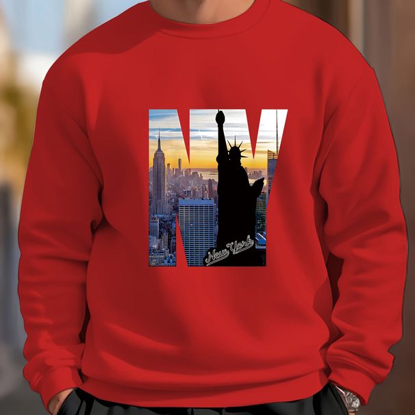 Men's Loose, Casual And Fashionable New York NY Statue Of Liberty Printed Round Neck Long Sleeved Sweatshirt For Autumn And Winter_viptrois.com
