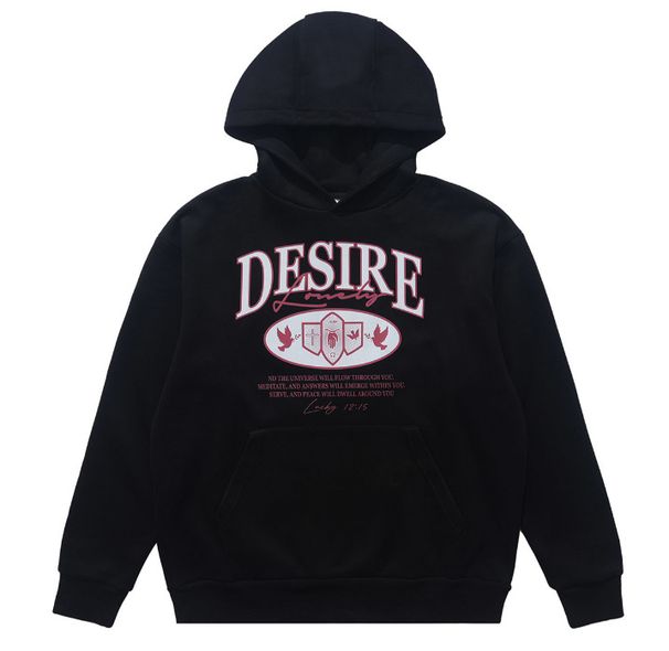 American Style Fleece-lined Thickened Hoodie With Text Print, Loose Fit Trendy High Street_viptrois.com