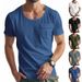 Men's Clothing Retro Slim T Shirt Casual All Match Solid Color Pocket Large U Neck Short Sleeved Shirt_viptrois.com