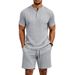 Men's Retro Short Sleeve Henley & Shorts Set, Breathable Jacquard Knit Two-Piece Outfit For Casual Summer Style_viptrois.com
