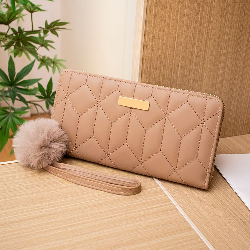 Women's Long Quilted Clutch Wallet With Embroidery & Sequins - Multi-Card Holder Coin Purse (Detachable Pom Pom Keychain)_viptrois.com