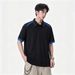 Black Deconstructed Wide-shoulder Polo Shirt With A Turn-down Collar, Loose-fitting Henley Shirt, Short-sleeved Stand-up_viptrois.com