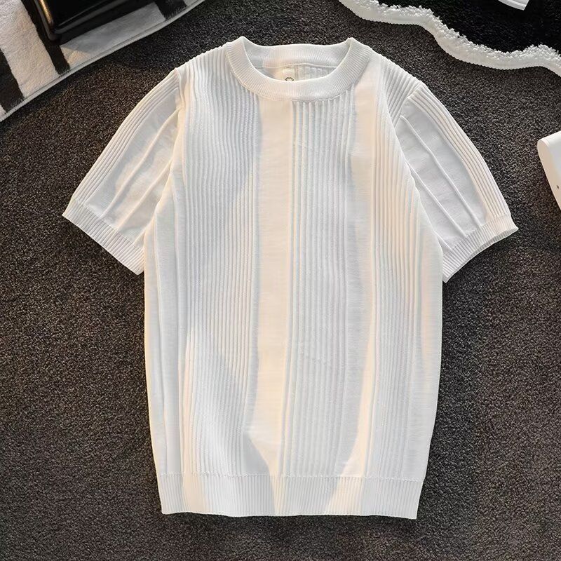 Men's Clothing Short Sleeved Sweater For Men In Summer, Simple And Versatile Design, Striped Half Sleeved Round Neck Knitted T Shirt_viptrois.com
