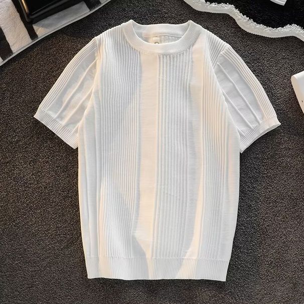 Men's Clothing Short Sleeved Sweater For Men In Summer, Simple And Versatile Design, Striped Half Sleeved Round Neck Knitted T Shirt_viptrois.com
