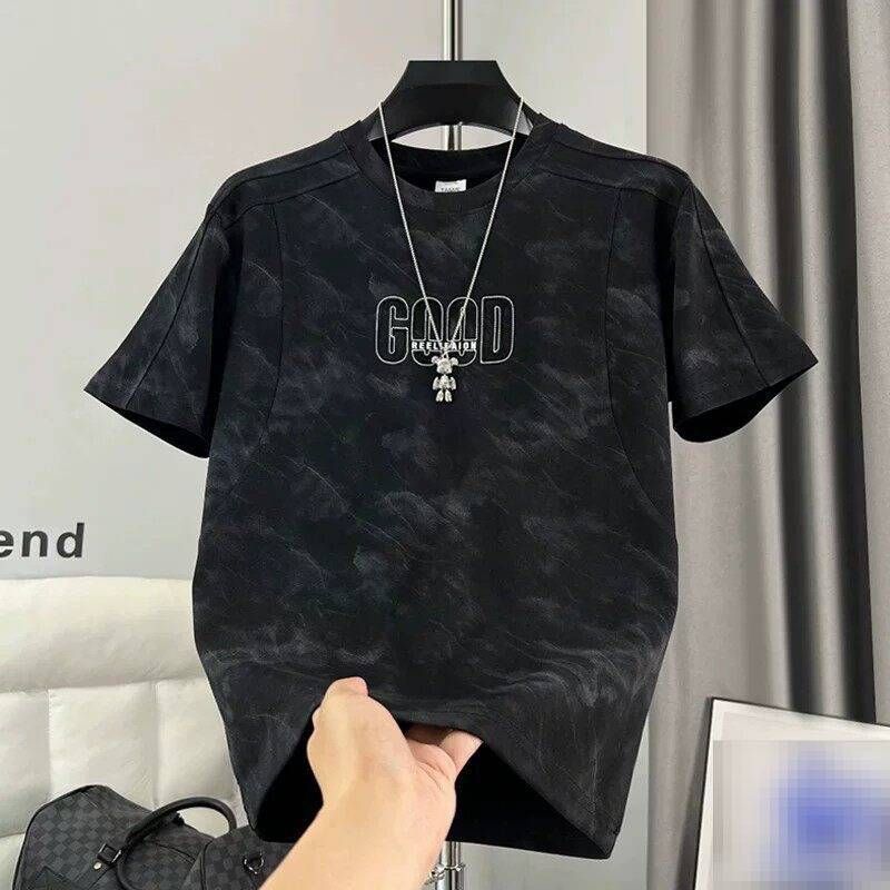 Men's Clothing Men's Summer Fashion Light Luxury Tie Dye Letter Embroidery Short Sleeve T-Shirt Simple Patchwork Cool Versatile Crew Neck Top_viptrois.com