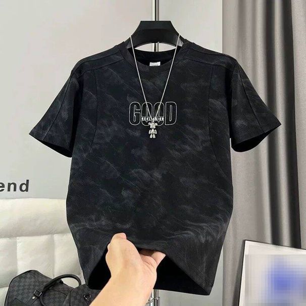 Men's Clothing Men's Summer Fashion Light Luxury Tie Dye Letter Embroidery Short Sleeve T-Shirt Simple Patchwork Cool Versatile Crew Neck Top_viptrois.com