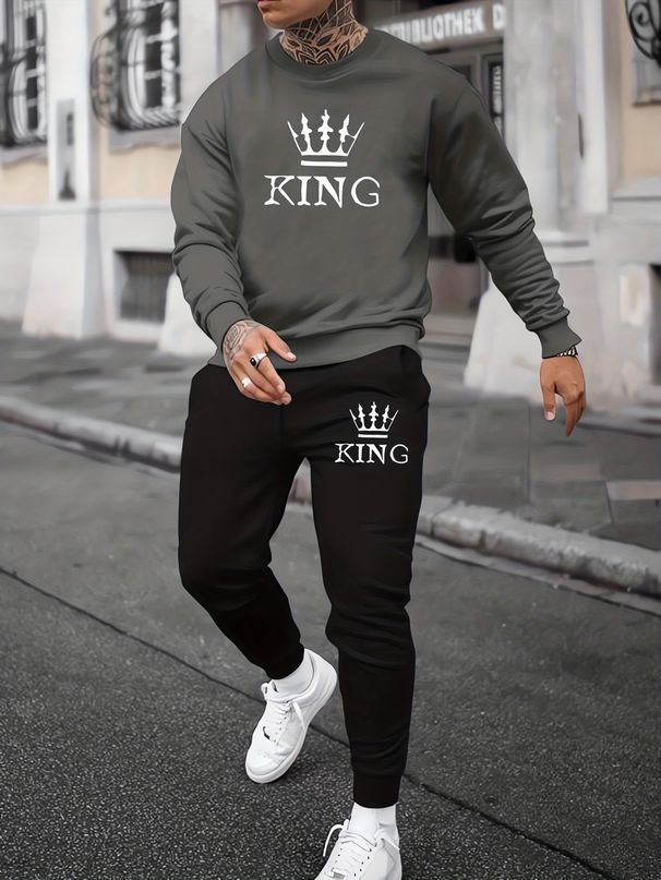 Men's Autumn And Winter Casual Warm King Print Loose Thick Velvet Round Neck Sports Shirt+sports Pants Set_viptrois.com