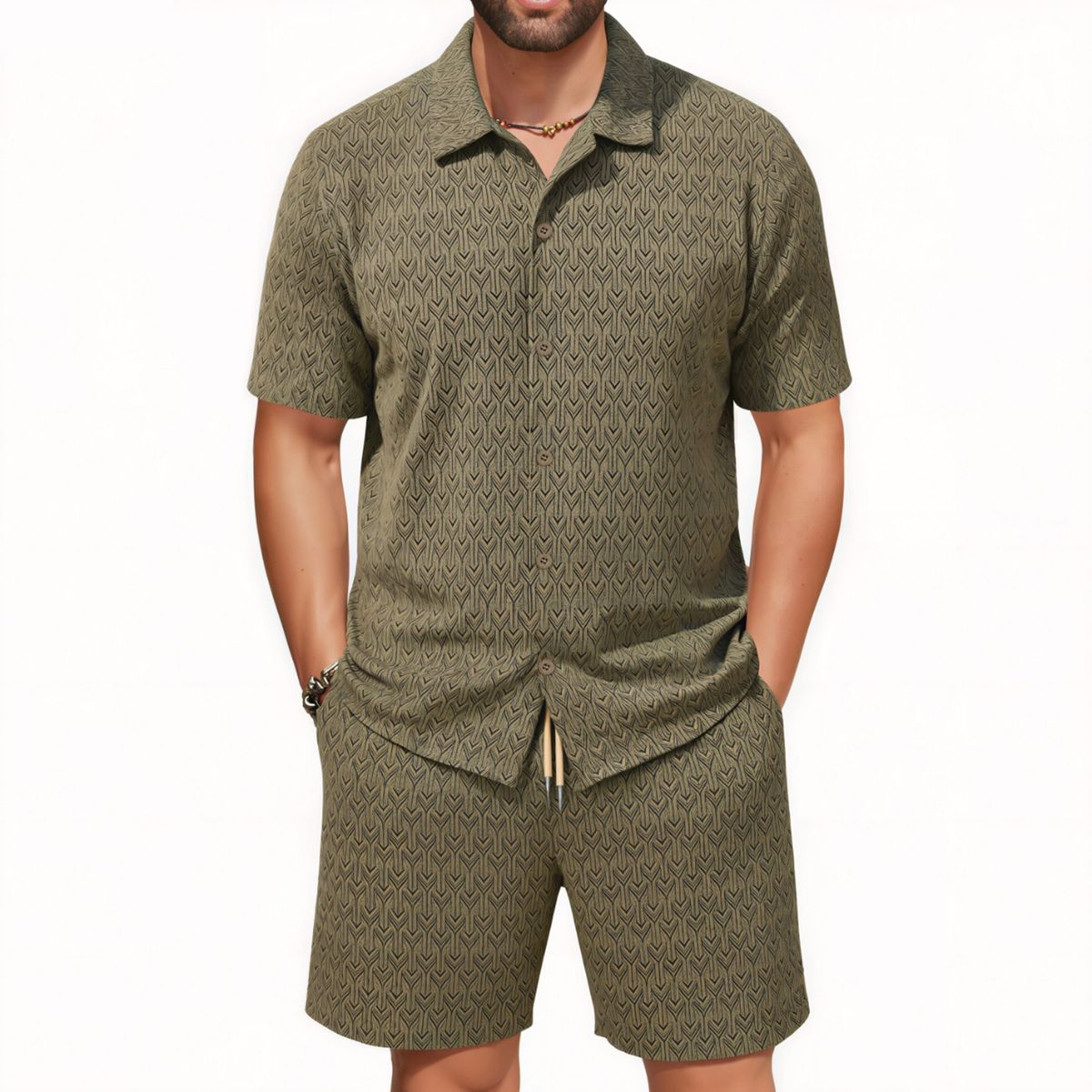 Men's Summer Short Sleeved Shirt And Casual Shorts Two Piece Set Cross Border American Style_viptrois.com