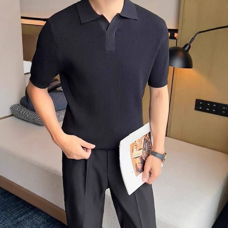 Men's Clothing Summer Short Sleeved Breathable Solid Color Knitted T Shirt High End Slim Fit Lapel Casual T Shirt_viptrois.com