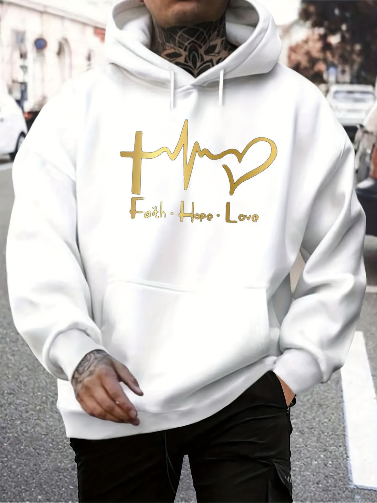 Men's Autumn And Winter Casual Fashionable Loose Hooded Sweatshirt FAITH HOPE LOVE Letter Printed Warm Long Sleeved Pullover_viptrois.com