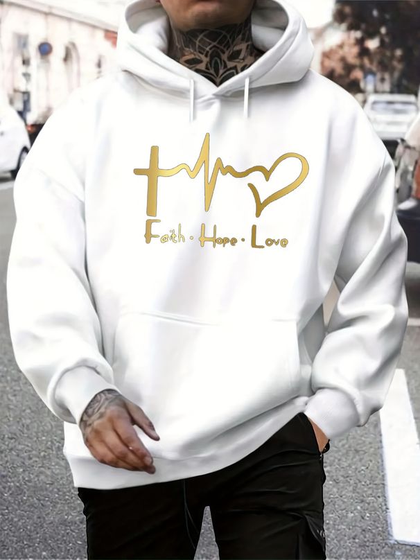 Men's Autumn And Winter Casual Fashionable Loose Hooded Sweatshirt FAITH HOPE LOVE Letter Printed Warm Long Sleeved Pullover_viptrois.com