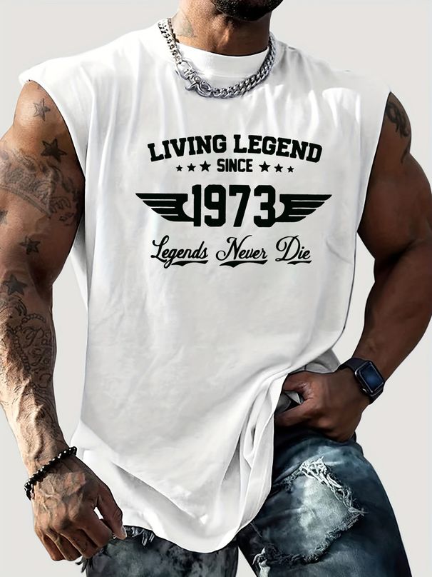 100% Pure Cotton Men's Summer Casual Sports Fitness Loose Retro 1973 Pattern Printed Breathable Round Neck Sleeveless Vest_viptrois.com