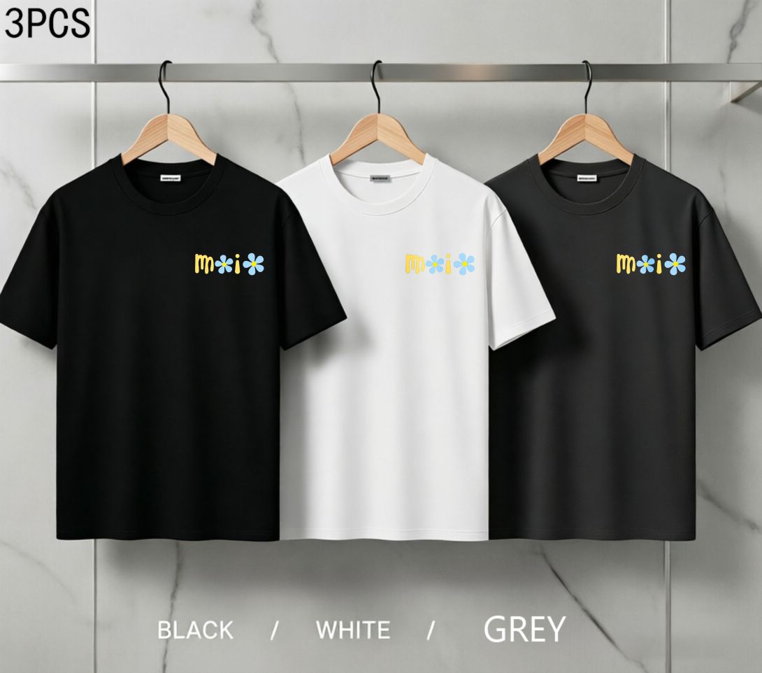 3 Pack Men's Oversized T-Shirts, 100% Cotton Crew Neck Casual Tees, Relaxed Fit Minimal Floral Text Print Design, Black White Grey_viptrois.com