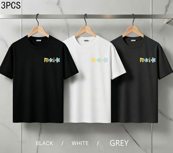 3 Pack Men's Oversized T-Shirts, 100% Cotton Crew Neck Casual Tees, Relaxed Fit Minimal Floral Text Print Design, Black White Grey_viptrois.com