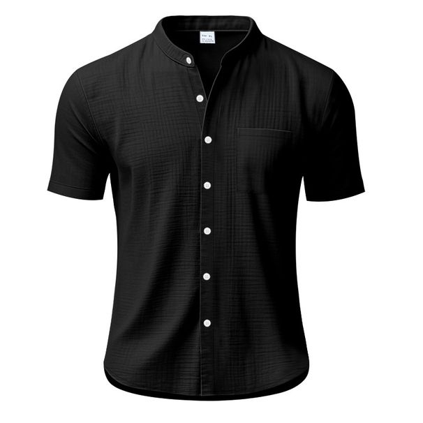 Men's New Linen Short-sleeved Shirt Solid Color Stand-up Collar Pocket Loose Casual Shirt T-shirt_viptrois.com