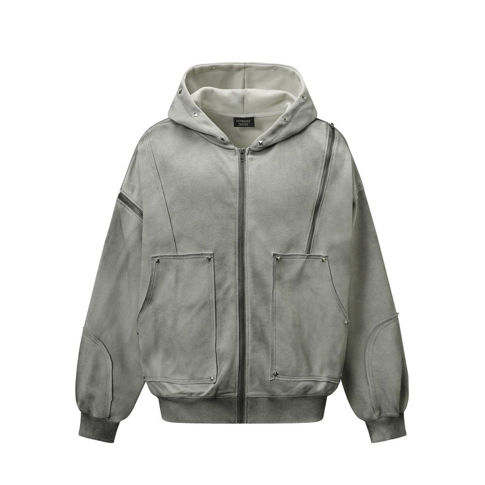 Wasteland Tie-Dye Vintage Dirty Hooded Cardigan Sweatshirt Loose Design Sense Rivet Decoration Spring Autumn Men's_viptrois.com