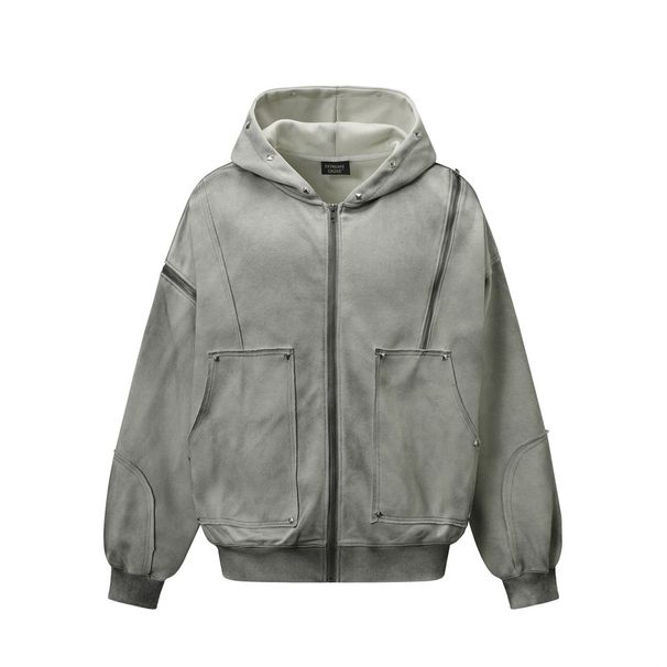 Wasteland Tie-Dye Vintage Dirty Hooded Cardigan Sweatshirt Loose Design Sense Rivet Decoration Spring Autumn Men's_viptrois.com