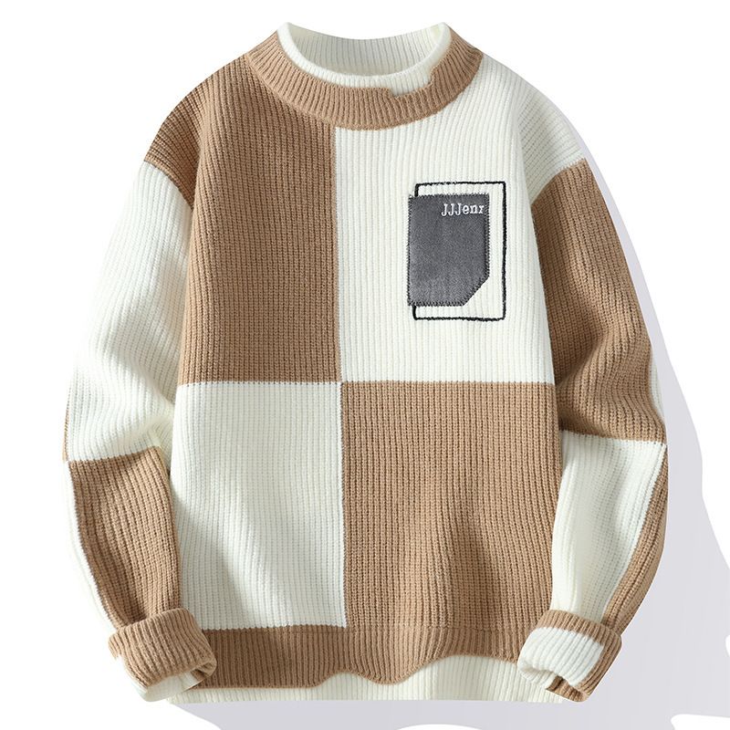 Men's Contrast Color Sweater – Thick Winter Pullover, Loose Fit Round Neck (White/Black/Dark Khaki, M-4XL)_viptrois.com