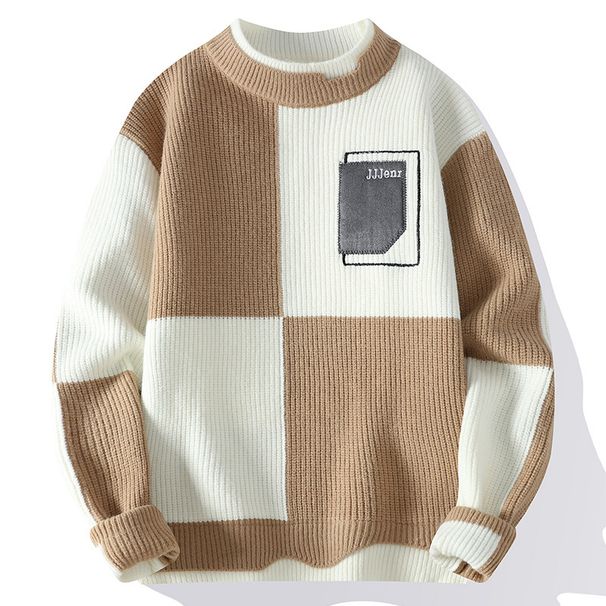 Men's Contrast Color Sweater – Thick Winter Pullover, Loose Fit Round Neck (White/Black/Dark Khaki, M-4XL)_viptrois.com
