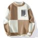 Men's Contrast Color Sweater – Thick Winter Pullover, Loose Fit Round Neck (White/Black/Dark Khaki, M-4XL)_viptrois.com