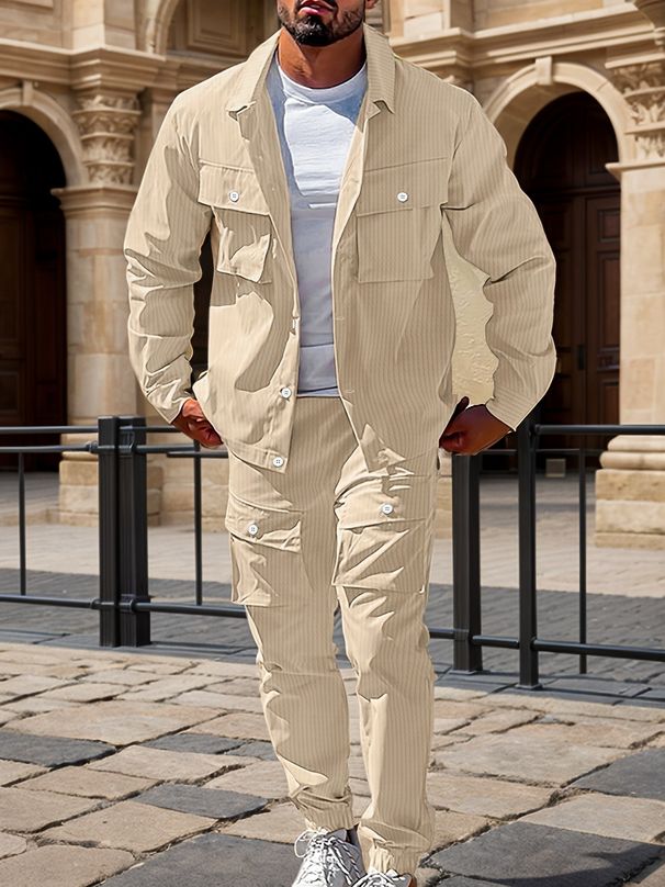 Plus Size Men's 3-Piece Casual Suit Set | Plaid Pattern Shirt & Trousers | Stretch Polyester | Light Blue/Black/Khaki_viptrois.com