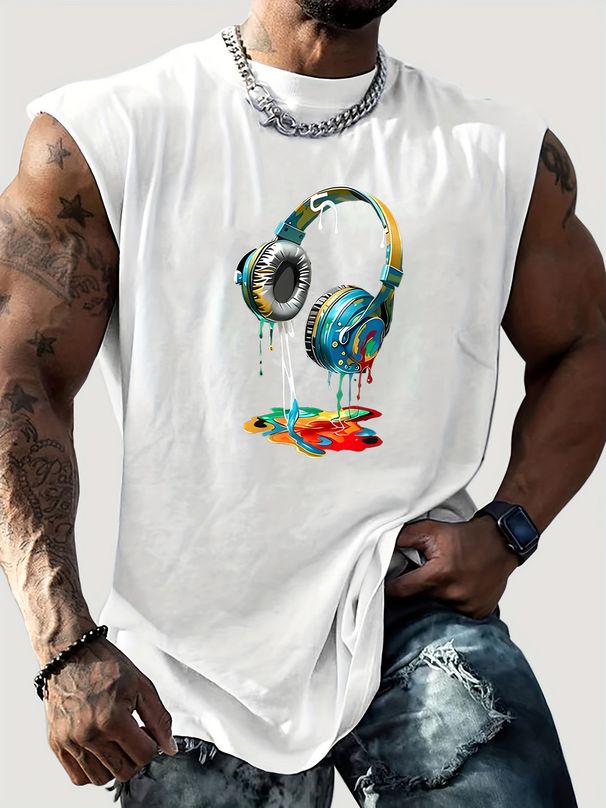 100% Pure Cotton Men's Summer Leisure Sports Fitness Loose Earphone Pattern Printed Breathable Round Neck Sleeveless Vest_viptrois.com