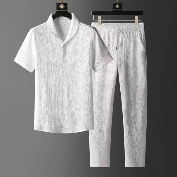Ultra-thin Five-button Silk Linen Suit For Men, Cotton And Linen Two-piece Set, Large Size, Loose Mid-length T-shirt, Sportswear_viptrois.com
